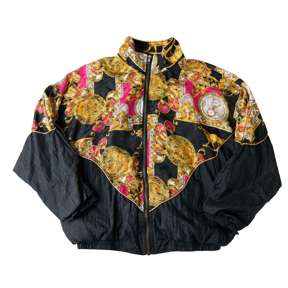 Vtg 80s Baroque Print Windbreaker Jacket Gold Pink Bold Maximalist Retro Sz MP